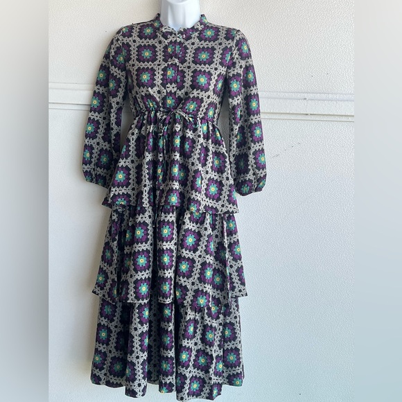 Rowe Three Tiered Dress Grey/Purple- Quilt Print  Long Maxi Modest Girls 10 New - Picture 5 of 8